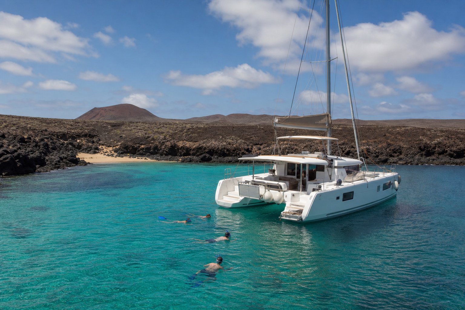 White catamaran and snorkelers in turquoise water beside the volcanic coast of Isla de Lobos